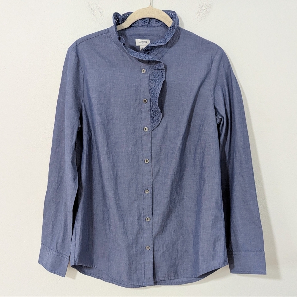 J. Crew Factory NWT Floral Eyelet Ruffle Neck Button Front Shirt Blue Small S